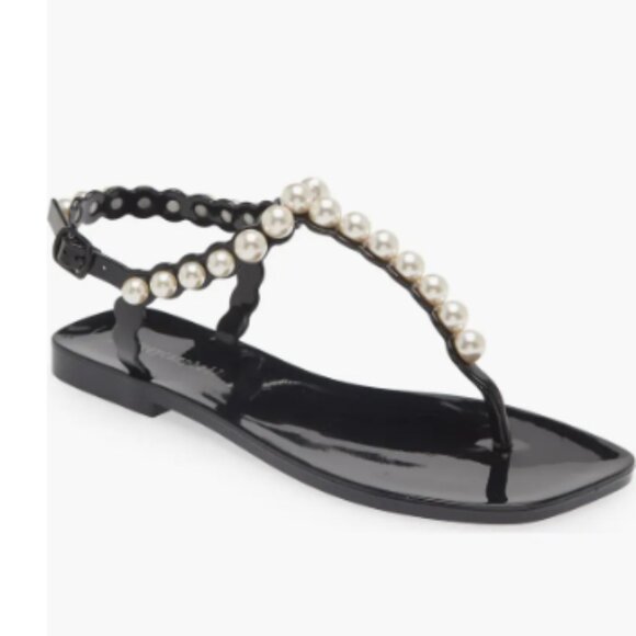 NEW Jeffrey Campbell Pearlesque Imitation Pearl Ankle Strap Sandal BLACK Sz 7M - Picture 1 of 3